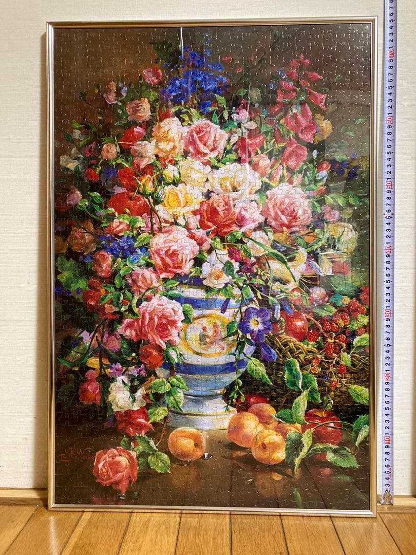 千P④花瓶もれでる花ジグソーパズル　アルミ額50×75㎝完成品　油絵　作名　美品