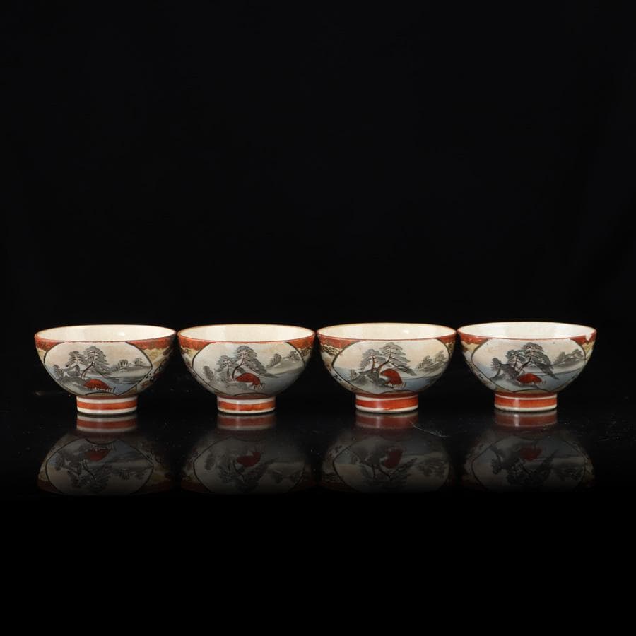 Y3337-1 九谷焼 金彩赤絵 煎茶碗揃 急須・湯冷まし・煎茶碗 共箱　　よ