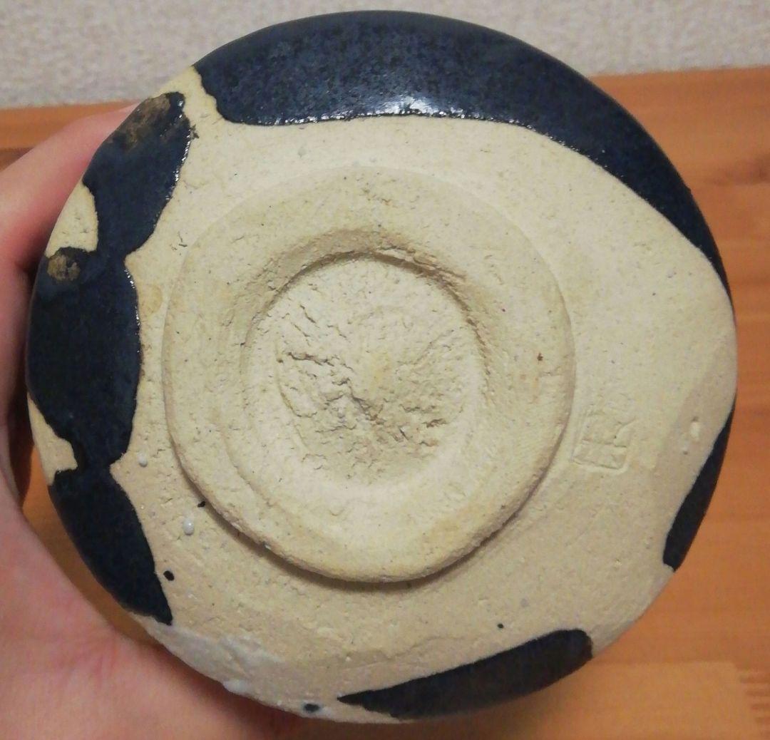 丘みつ子作　黒織部　鳥図　茶碗　共箱　共布　略歴付　茶道具