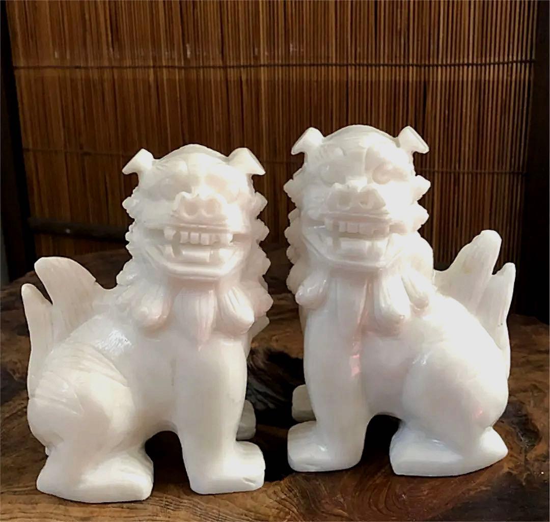 中国美術 獅子 古白玉 彫刻 一対