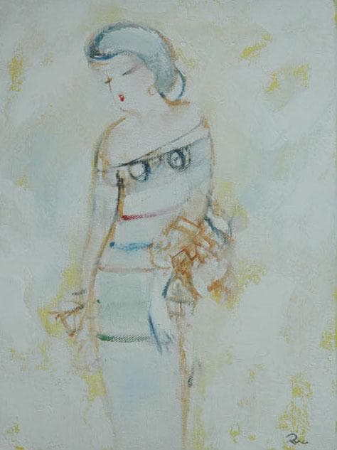 油絵 菅家令子 絵 絵画インテリア額付(青緑＋金色の枠) F3-020311女性