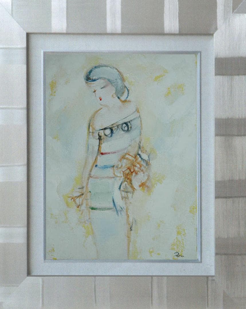 油絵 菅家令子 絵 絵画インテリア額付(青緑＋金色の枠) F3-020311女性