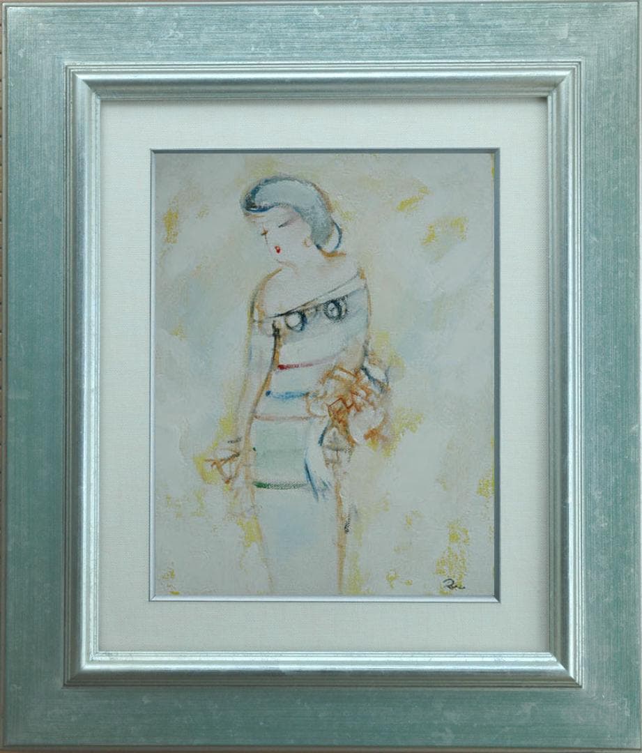 油絵 菅家令子 絵 絵画インテリア額付(青緑＋金色の枠) F3-020311女性
