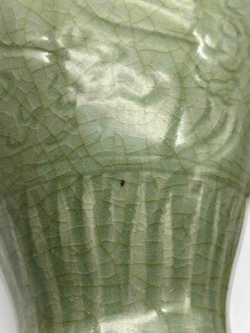 南宋時代　龍泉窯　梅子青 青磁 刻花文大梅瓶 花入　花瓶　茶道具(B-29)