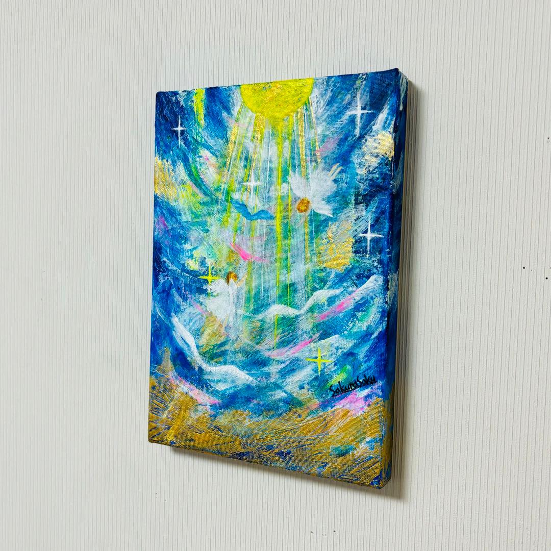 【降り注ぐ金色の光】,天使,angel,空,青空,光,ブルー,青,青い鳥,抽象画
