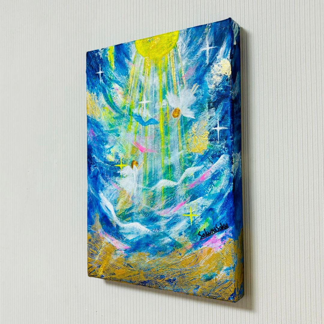 【降り注ぐ金色の光】,天使,angel,空,青空,光,ブルー,青,青い鳥,抽象画