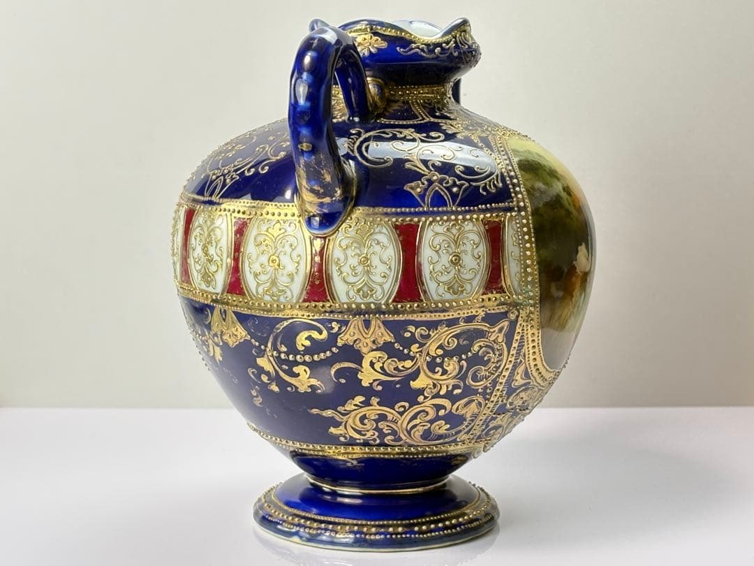 里帰り オールド ノリタケ コバルト 金盛湖畔白鳥図 双耳花瓶 R71123-4