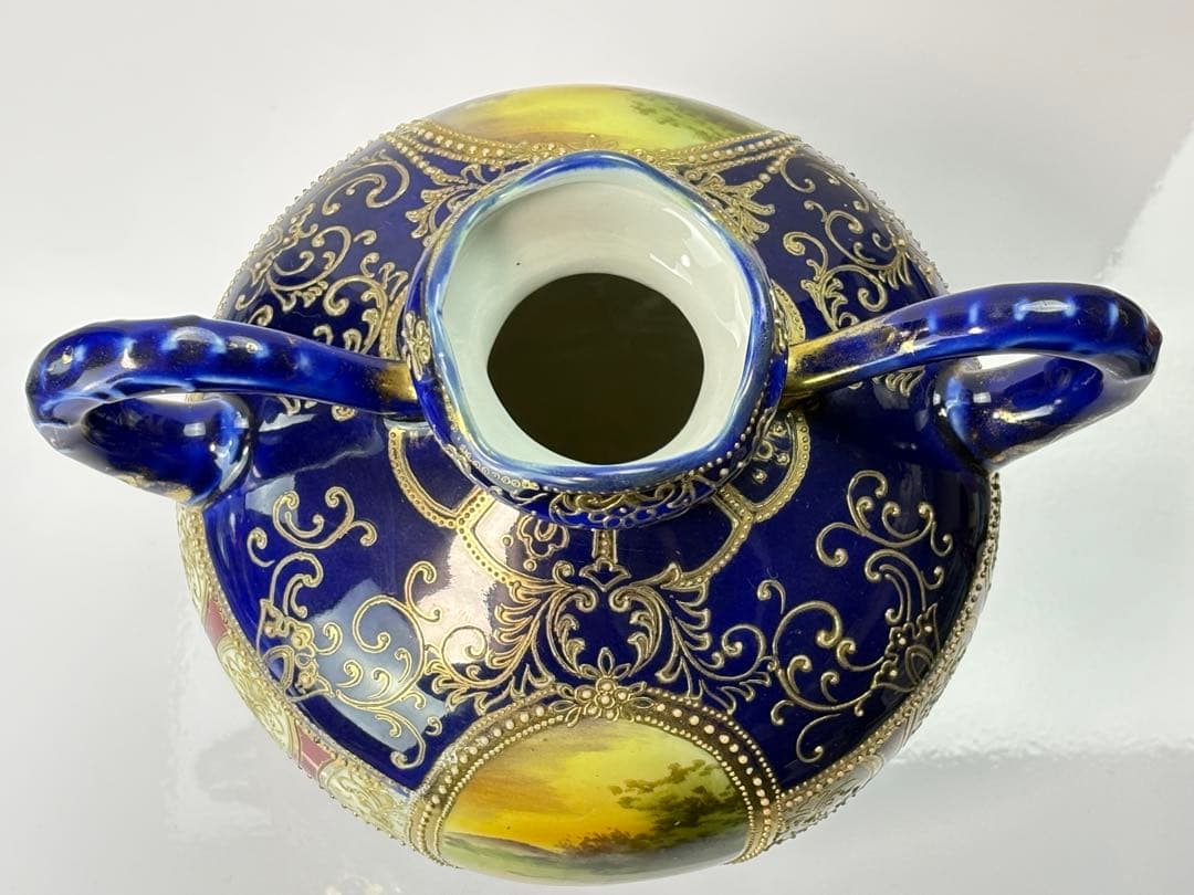 里帰り オールド ノリタケ コバルト 金盛湖畔白鳥図 双耳花瓶 R71123-4