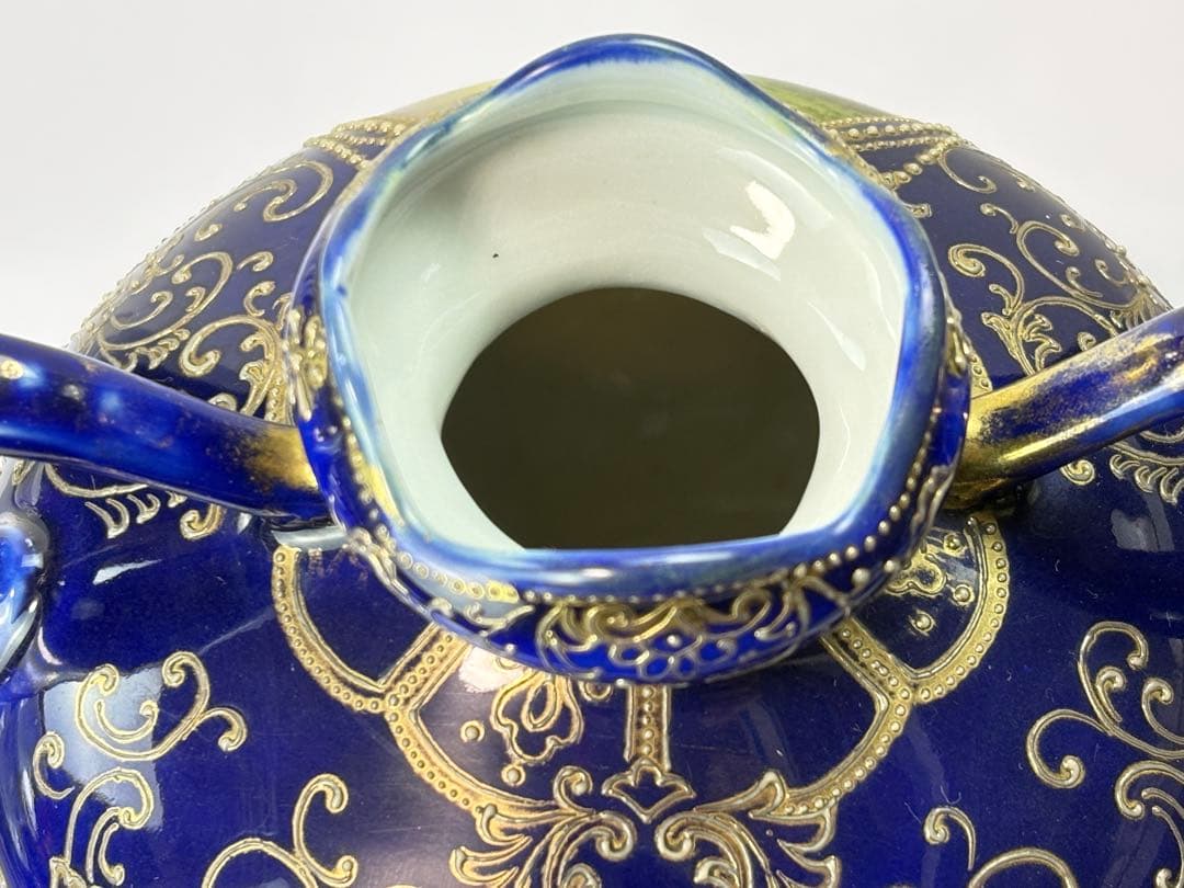 里帰り オールド ノリタケ コバルト 金盛湖畔白鳥図 双耳花瓶 R71123-4