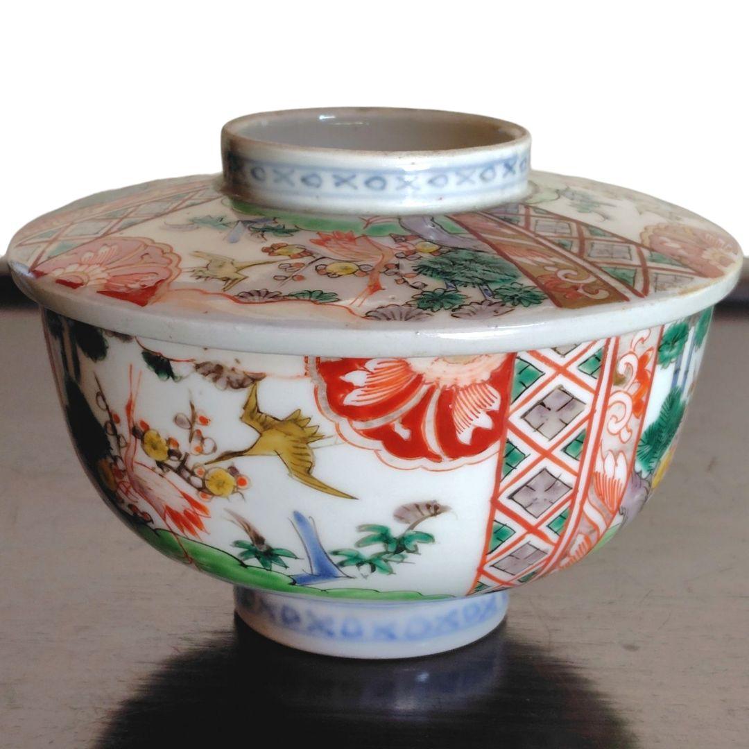 古伊万里 錦絵 金彩 蓋付き茶碗 飯茶碗 茶碗 2客 鳳凰 アンティーク レトロ
