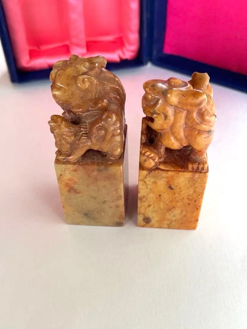 【希少】獅子鈕紅芙蓉橙石印材　印石　印材　中国　2個セット　箱入り