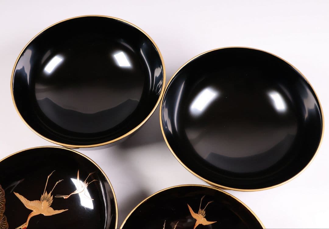 【CM378】大正期 月と松 飛翔鶴 金蒔絵 欅地溜塗 黒塗 椀二客 木製漆器