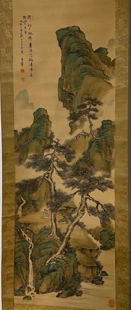 掛軸　諏訪部直亭［青緑山水人物の図］絹本　信州の画家　木箱無！