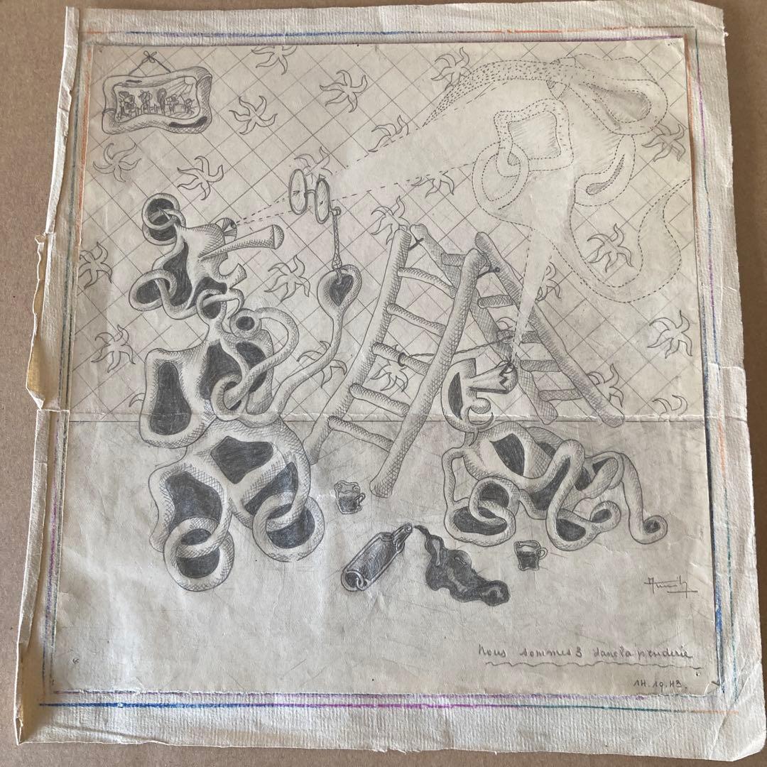 1943年unknown drawing シュールレアリズム　ビンテージパリ画家