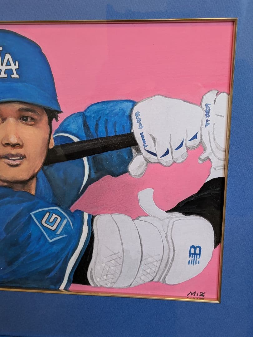 【真　作】大谷翔平選手、水彩画、色紙、サイン「MIZ」有、額・箱付
