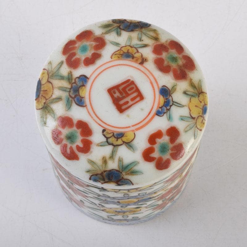 中国　粉彩　花草文　三段重箱　蓋物　V　8785