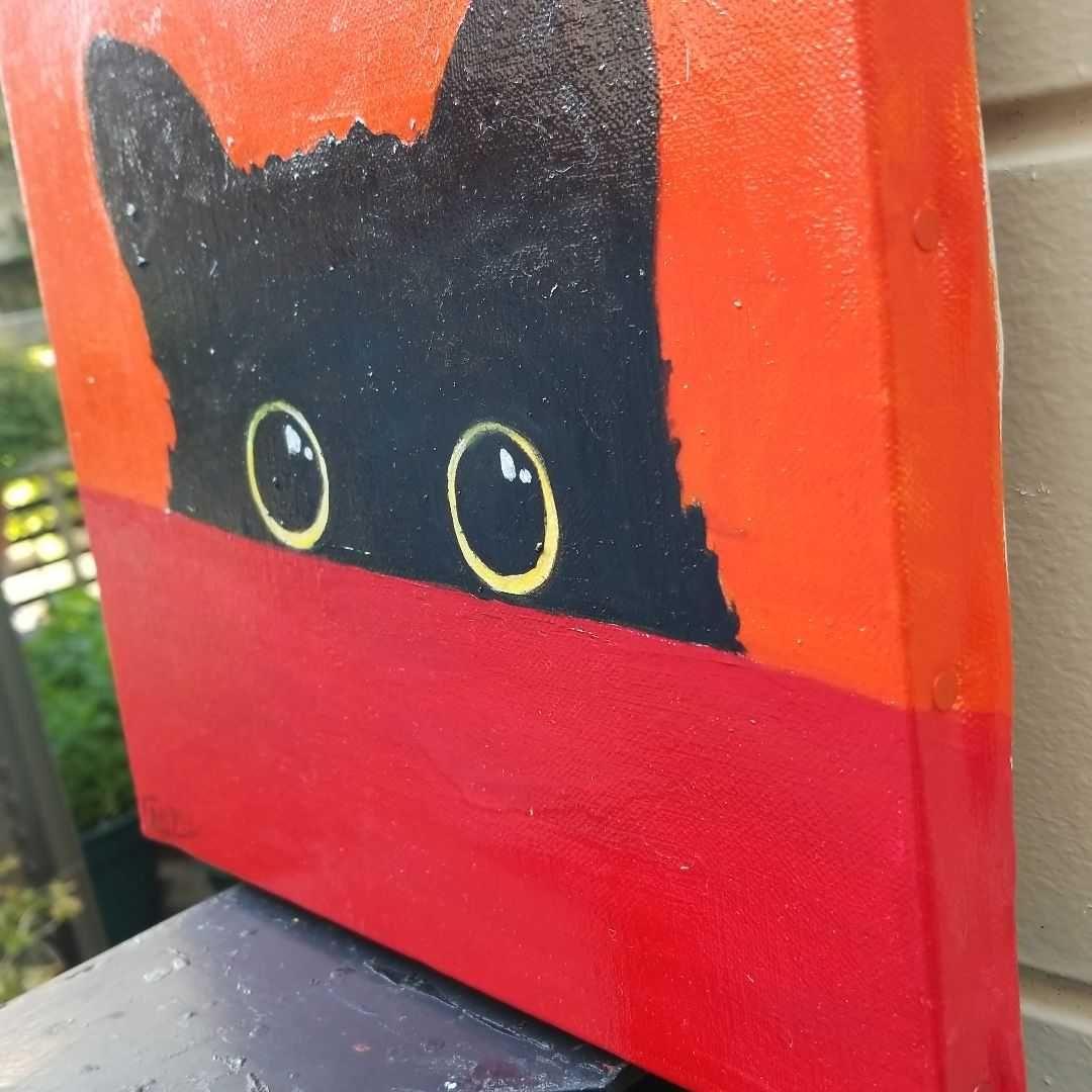 キャンバス油絵　よっこ 　何かを見ている猫
