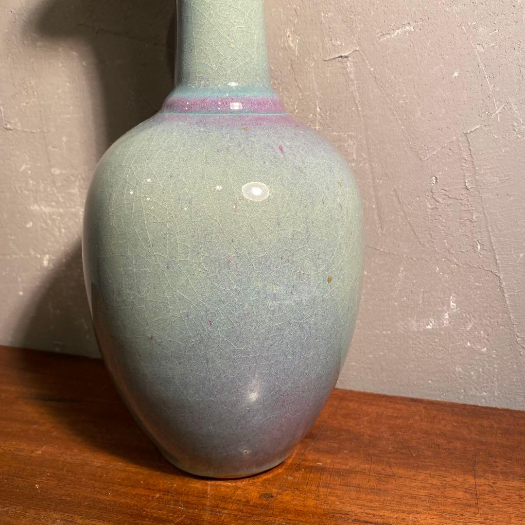 弥三郎窯 松島芳作 釣釉花瓶 共箱 骨董品 昭和中期 在銘 作家物 花器 花入
