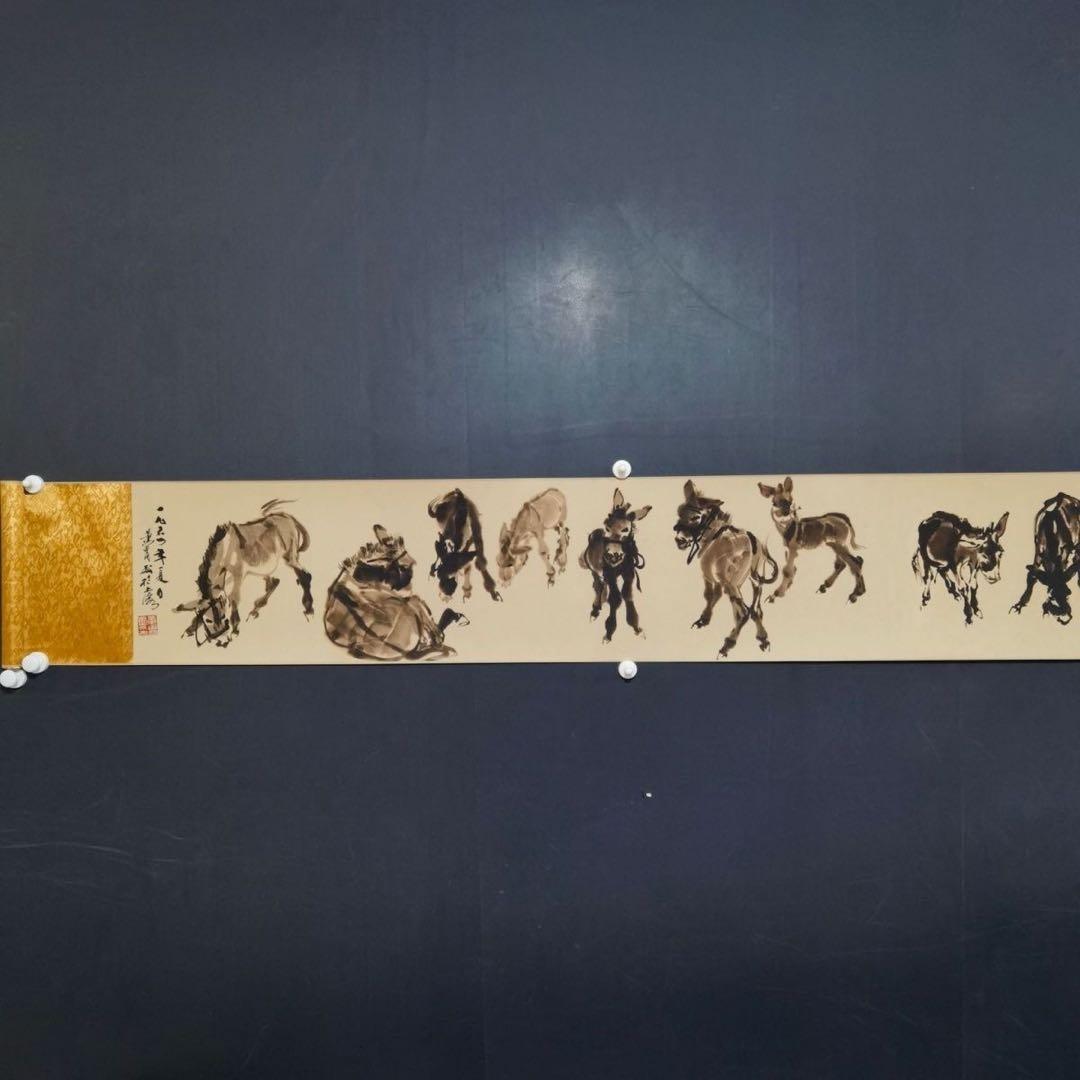 中国画 黄胄「群驴図」手巻き 掛軸 竜文表装 約338×30cm