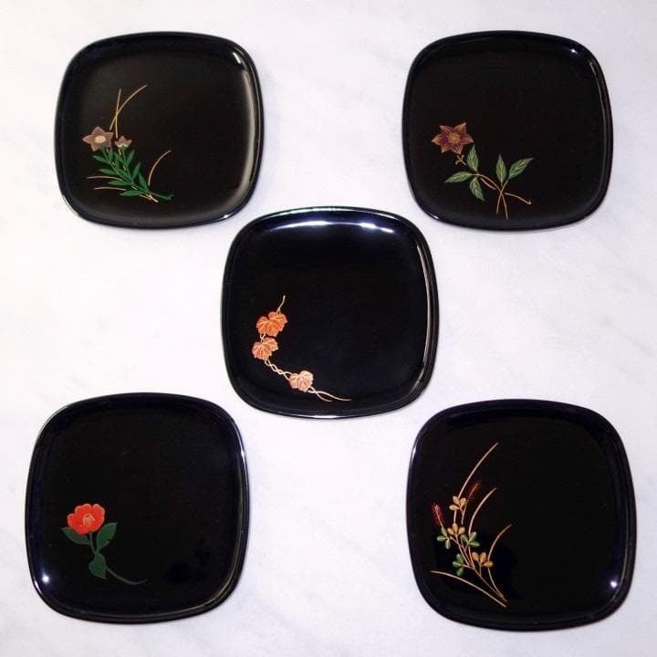 輪島塗 金手描蒔絵 花絵変わり 銘々皿 塩安製 5客セット