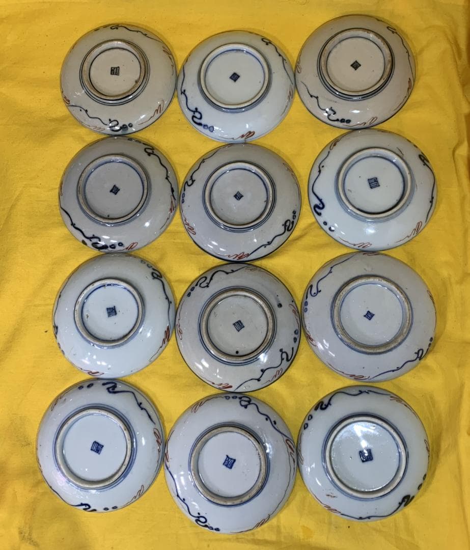 蔵出し!! 古伊万里 錦手 色絵小皿 松竹梅模様 江戸期? 12客 現状品!!