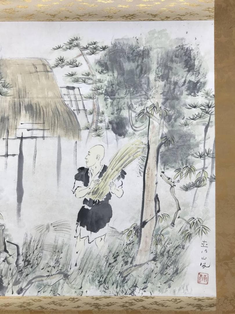真作/福岡青嵐/田家人物図/山水図/横物/掛軸/名家伝来AE-392
