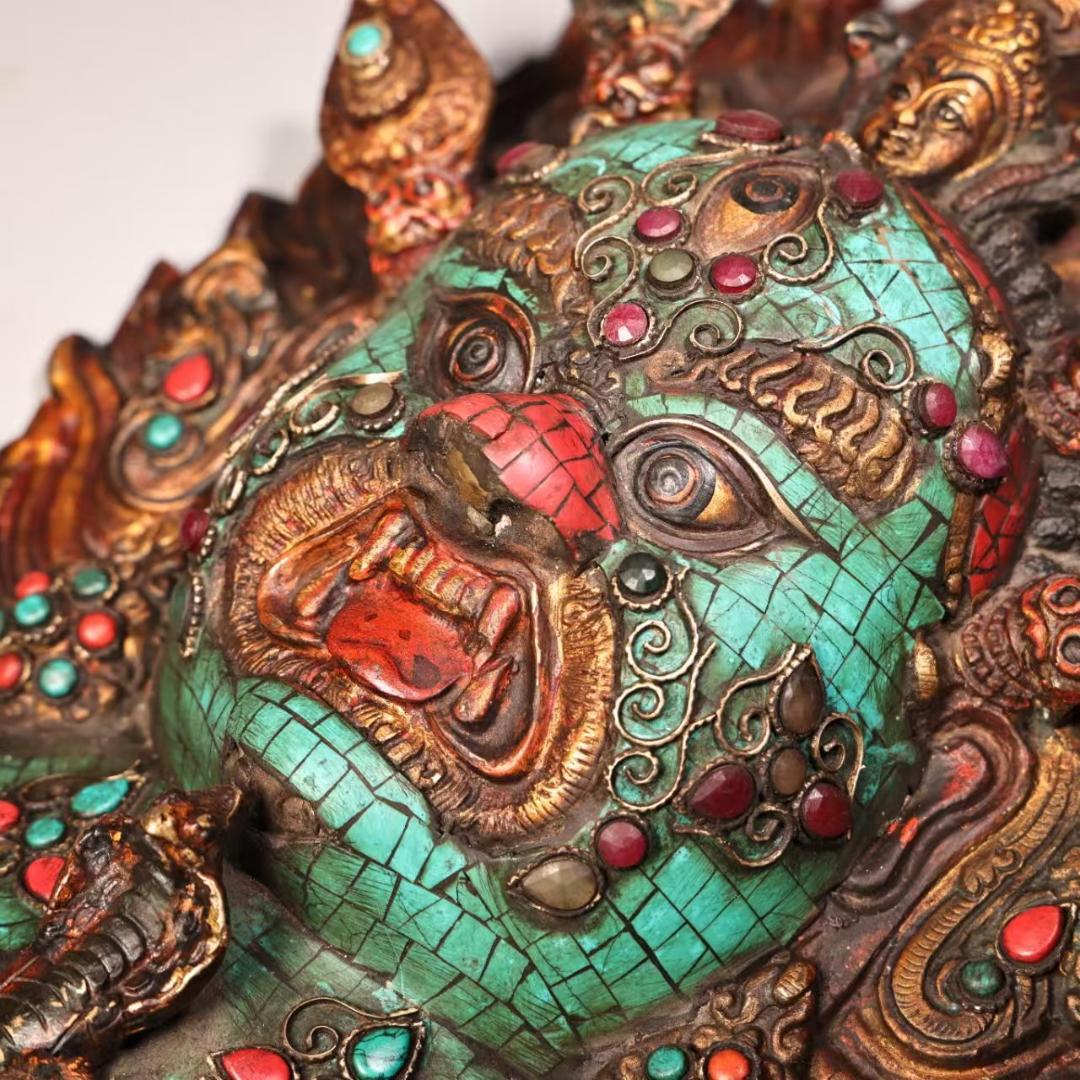 中国古美術『西蔵寺院旧蔵 マハーカーラ面具』純銅製 鍍金彩絵 高浮彫鏨刻 極細工