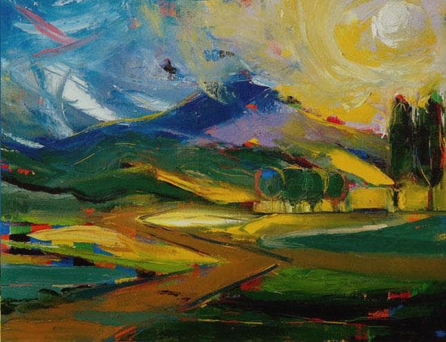 絵画 インテリア 絵 額付(黒）油絵 F4-081411 風景 朝夕陽 山 田園