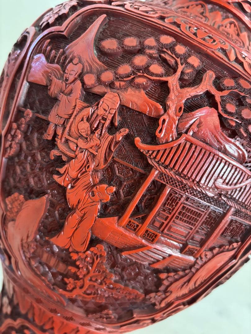 中国 美術 骨董 堆朱 壺 赤壺 工芸品 民芸品 彫刻 花柄 花瓶 花器 置物