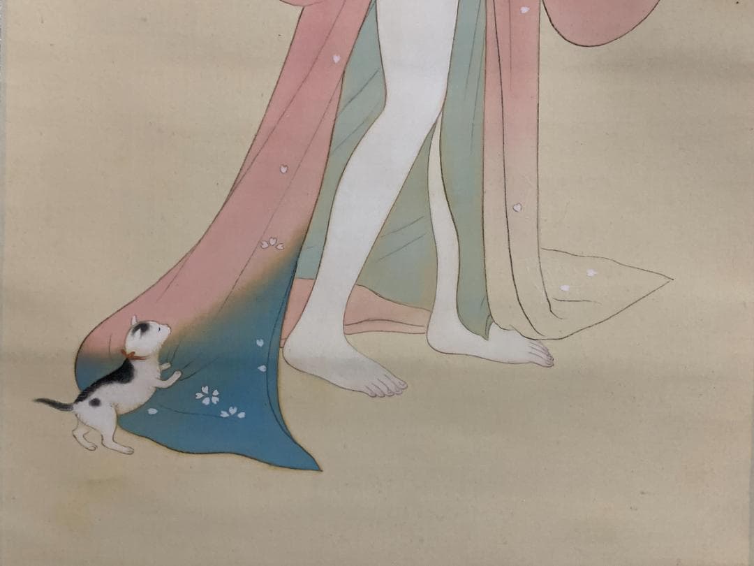 一清 浮世絵美人と仔猫図 絹本 肉筆 掛軸 美人画 839