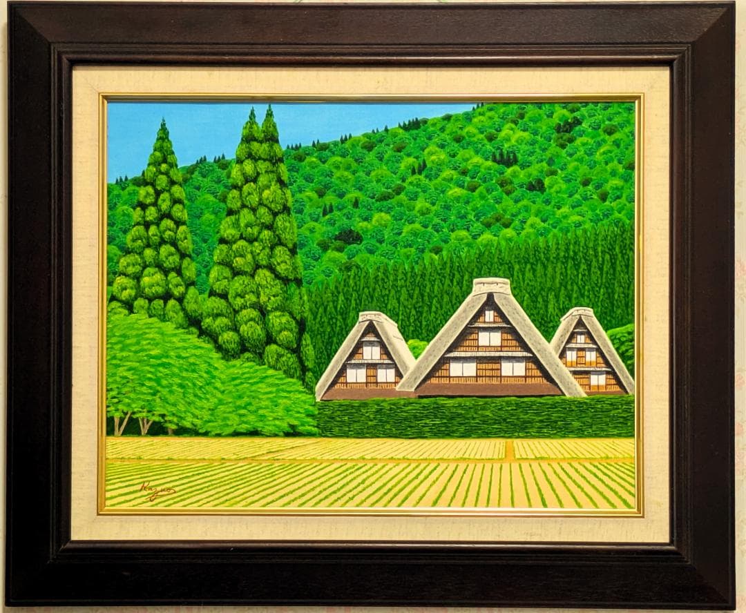 ★春の白川郷・肉筆油彩画・F6キャンバス