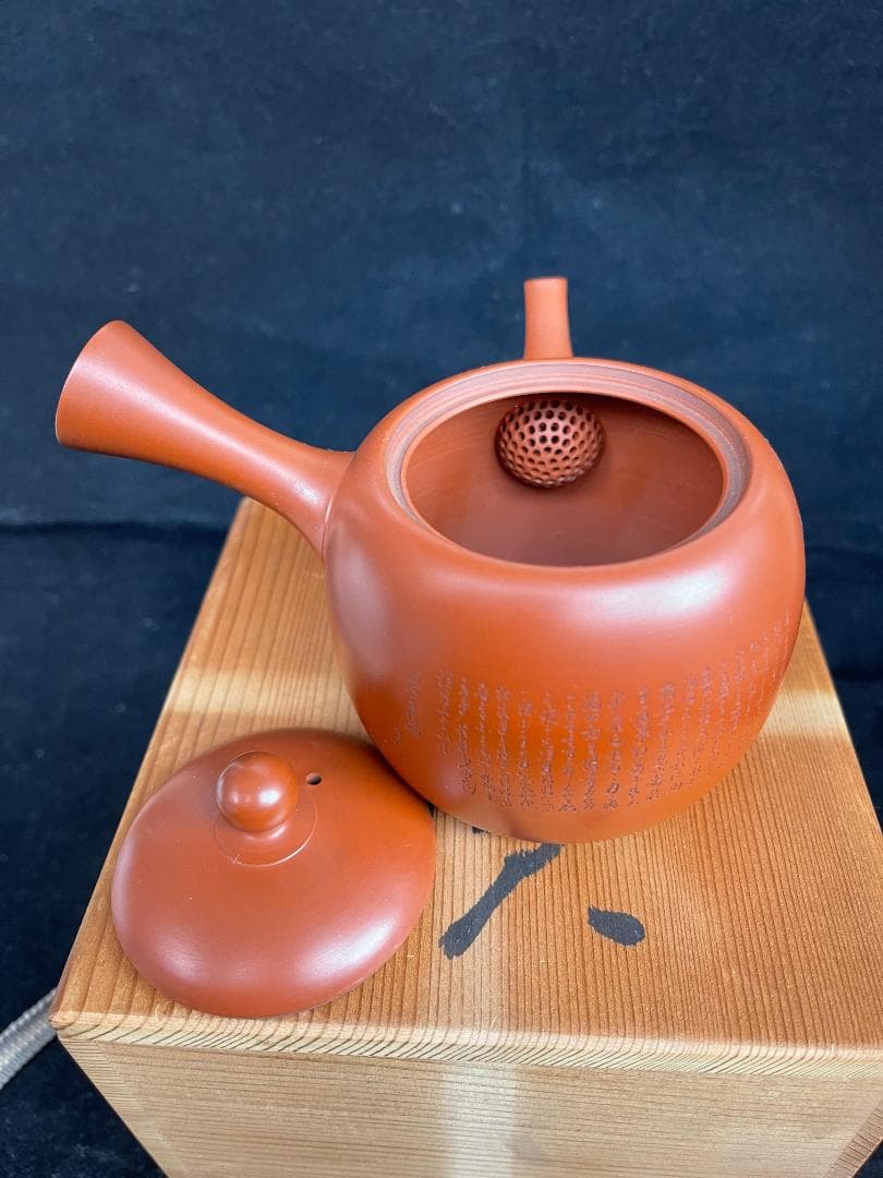 常滑焼　風月作　白道彫り　竹彫り　急須　茶器　煎茶道具