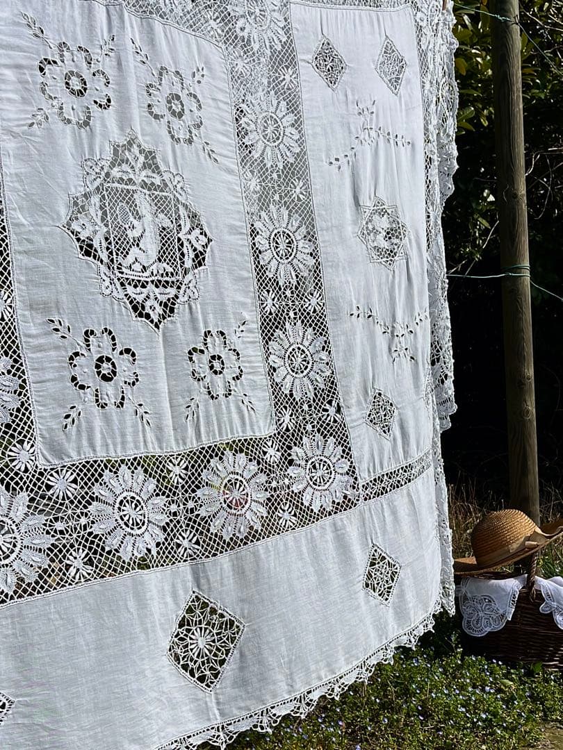 ◆フランスアンティークお宝級白天使の手刺繍超大判テーブルクロス大きいベッドカバー