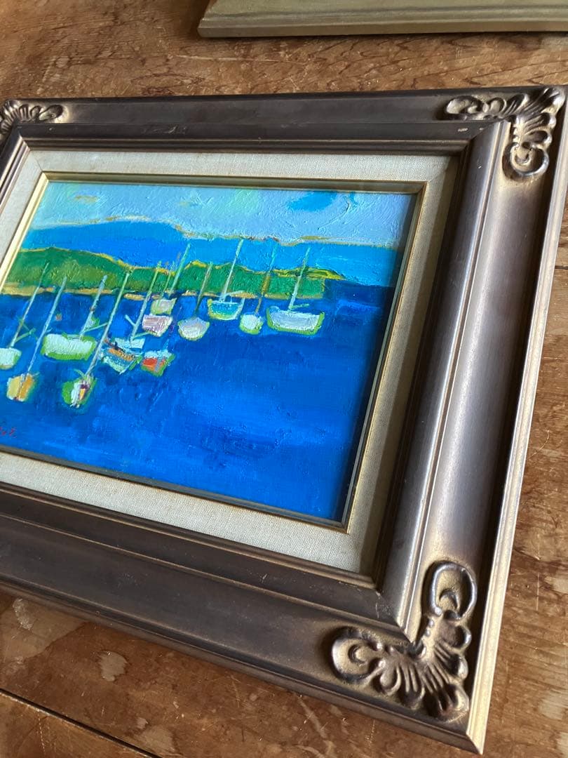 池田道康　滞船　ボート　油彩画　日本画家　油彩　色合い鮮やかな逸品　額付絵画