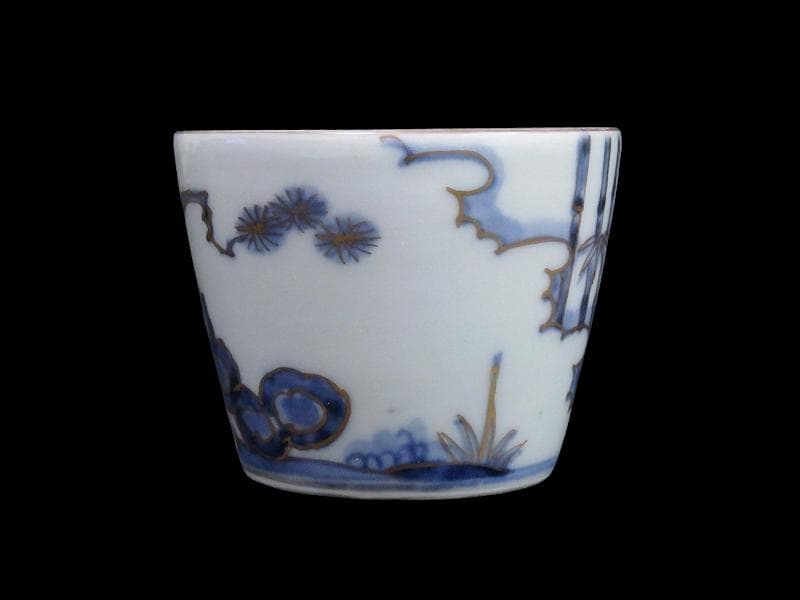 古伊万里　染錦　太湖石に松竹梅の図　蕎麦猪口　C177 AS-CXk