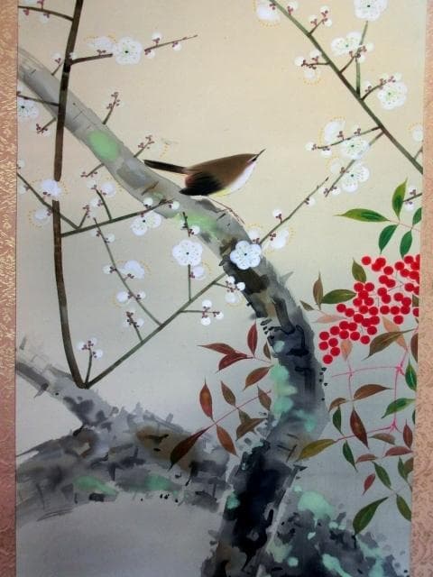 掛軸■鶯 【晁木】梅 南天 庭園 桐共箱 絹本 肉筆 時代物 骨董品■(39)