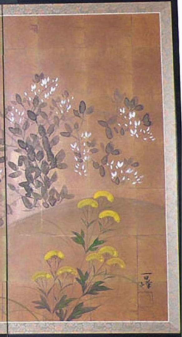 四つ折り屏風　日本画　金箔彩色　秋草