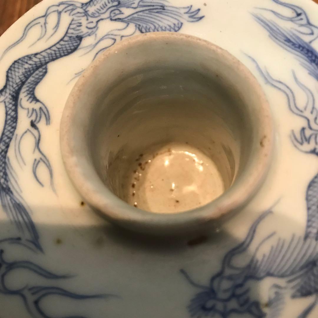 美品　古伊万里　染付　龍　盃台　年代物　焼物　杯台　酒器　迫力ある絵柄