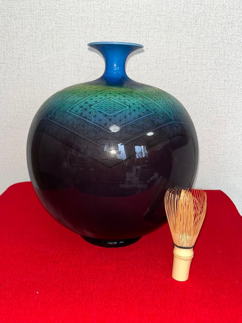 【特大】人間国宝 三代 徳田八十吉（正彦銘）碧明釉 小紋壺 約29cm T237