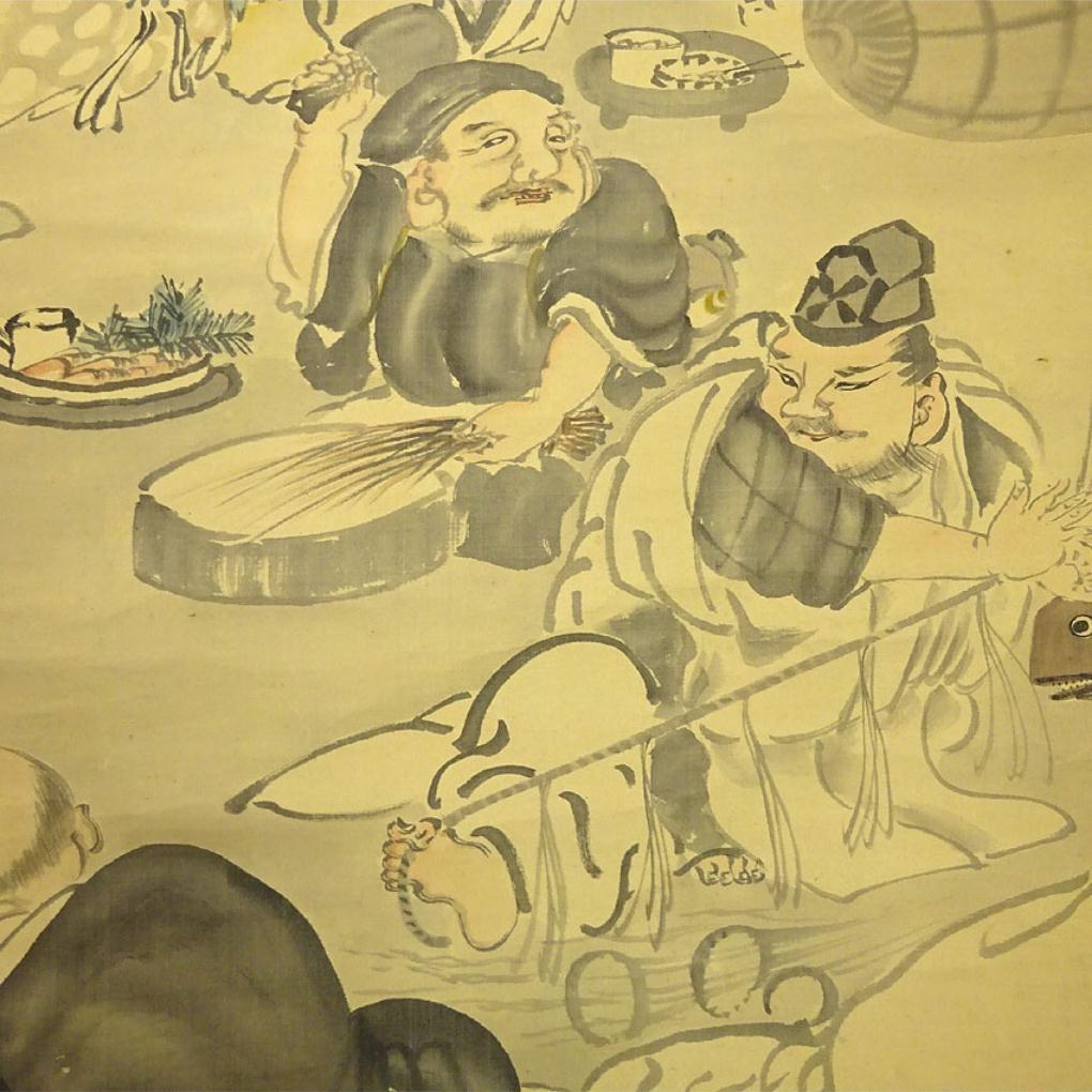 掛軸 有聲『七福神図』日本画 絹本 肉筆 箱付 掛け軸 p12252