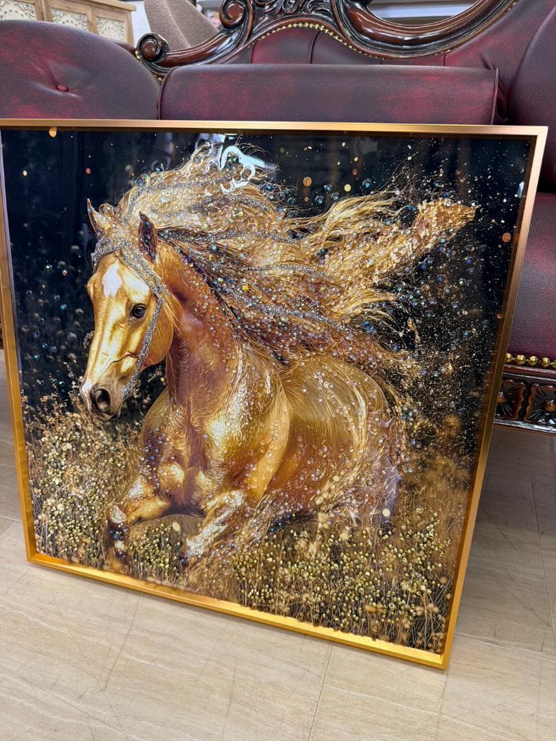 アートパネル　馬　ゴールド　水晶絵　キラキラ　金運　絵　額縁　壁掛け　アート