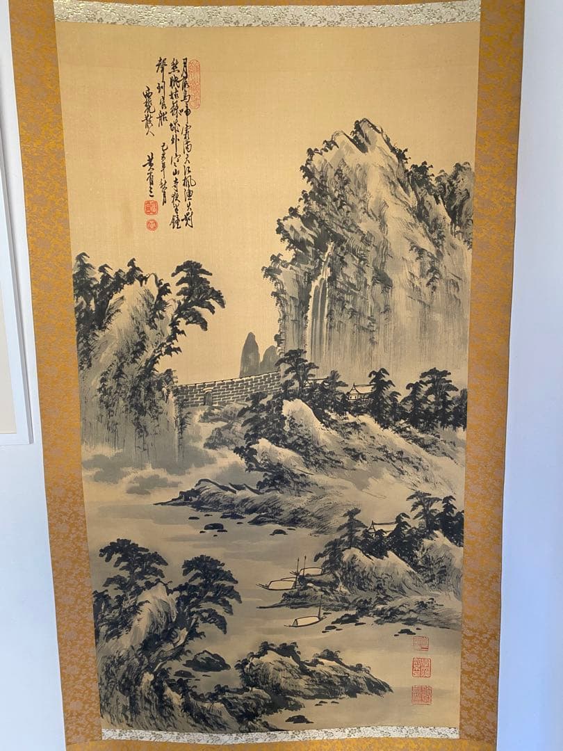 中国書画 民国画家　黄省三　筆 楓橋夜泊図　絹本水墨 山水画賛