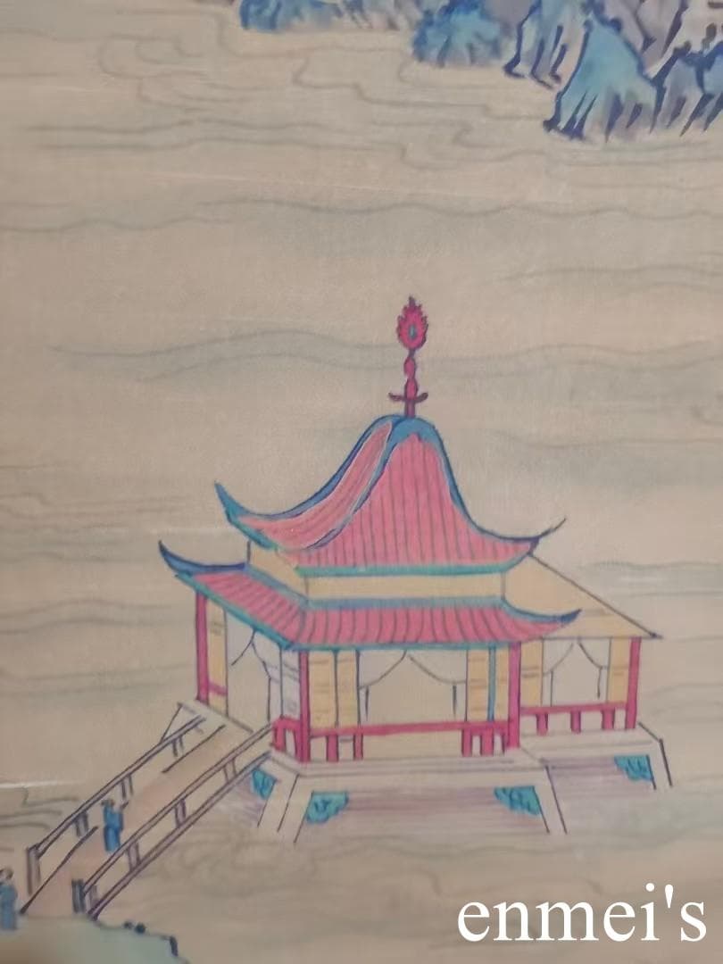中国古美術・字画山水風景掛軸・水彩画・呉鎮印款・書道品・絹本・純手描き・珍品画