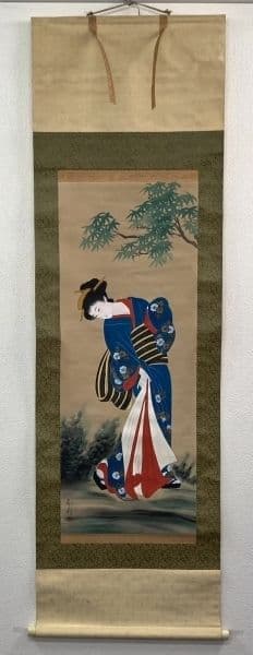 勝川春扇／２代目勝川春好 勝川春英師事「美人画」掛軸 絹本：江戸時代後期 浮世絵