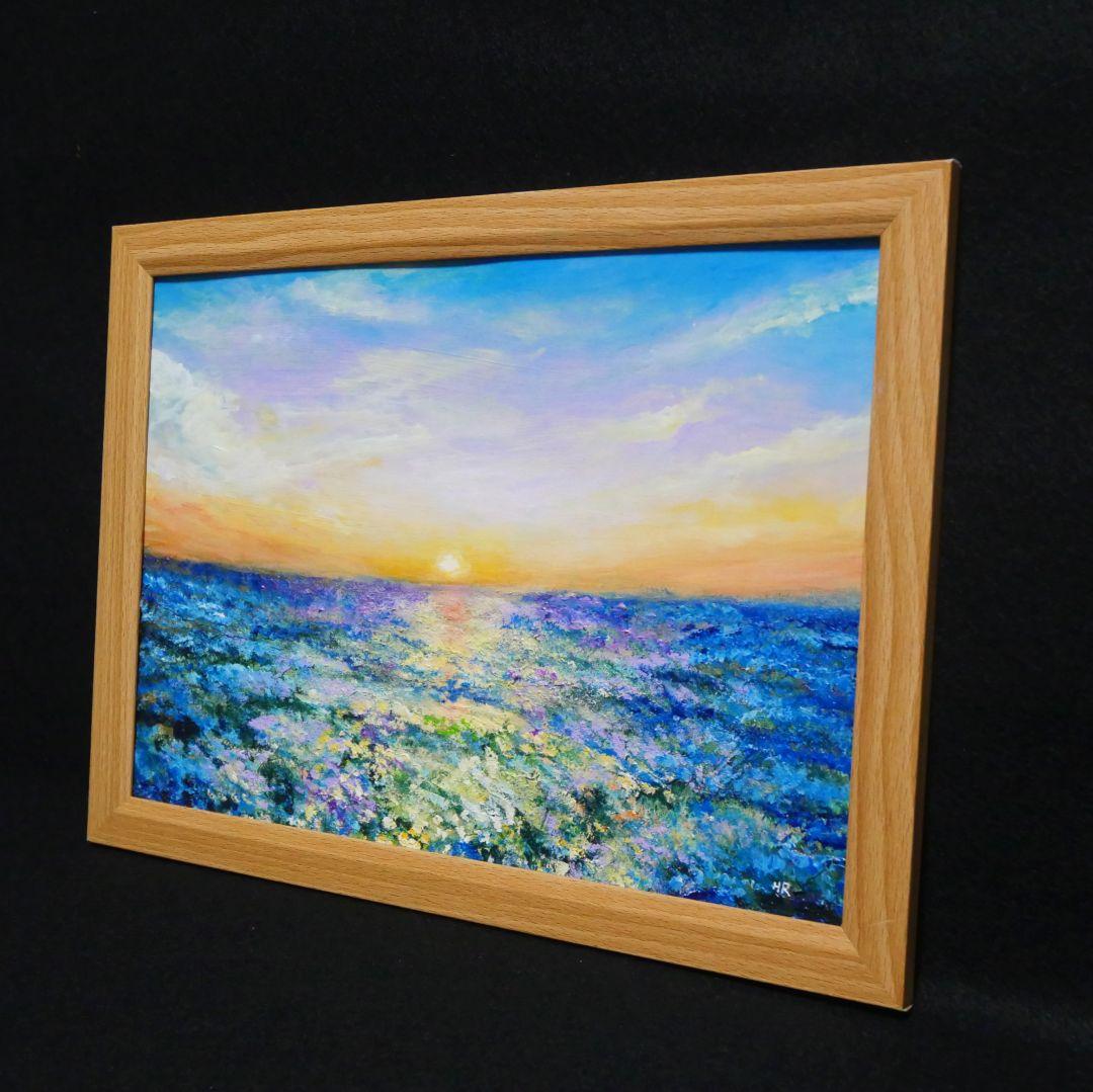 油絵 油彩 油彩画 絵 絵画【夕日に輝くネモフィラ】