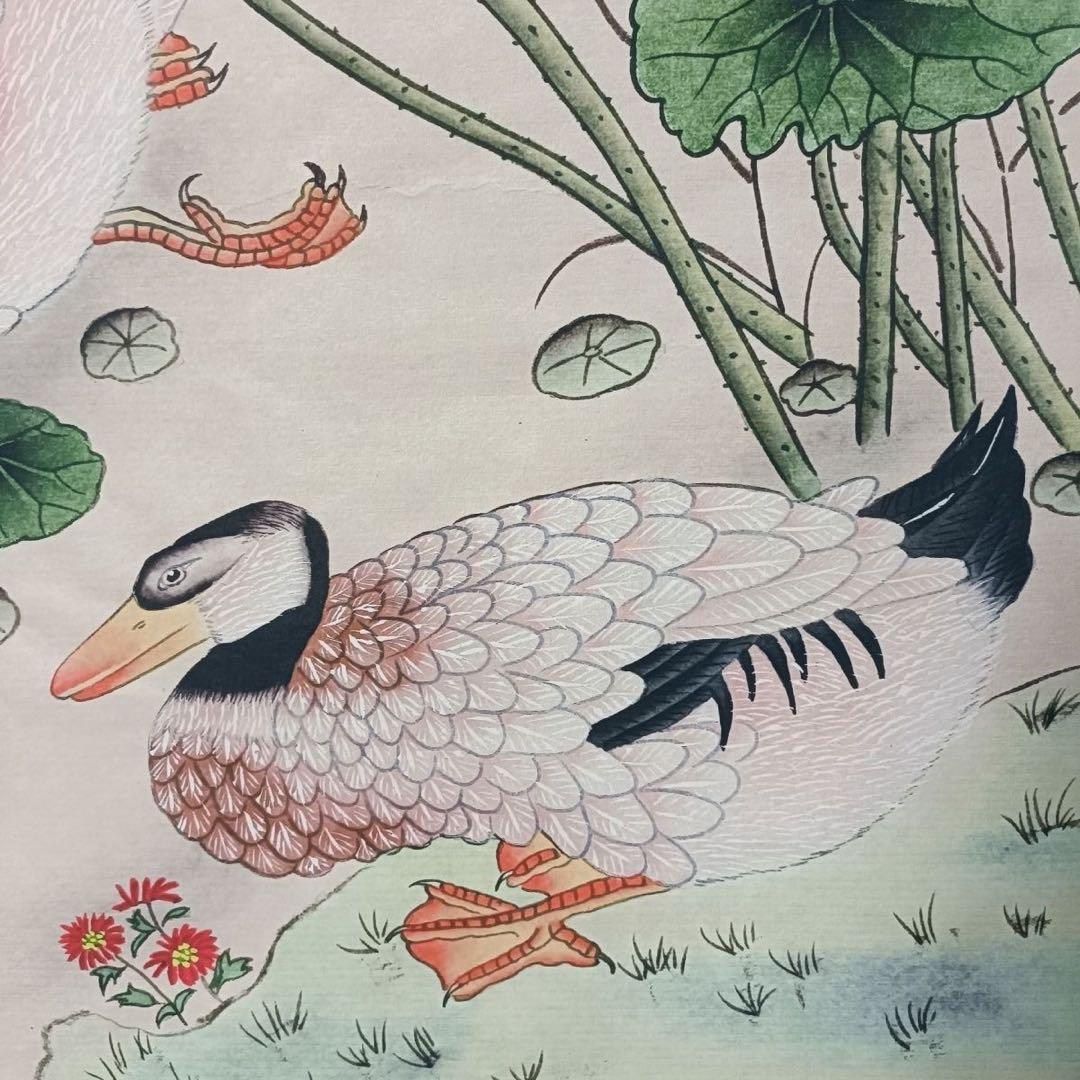 唐寅 荷塘雅趣 掛け軸 中堂 花鳥画 中国画 表装済 サイズ：70×173cm