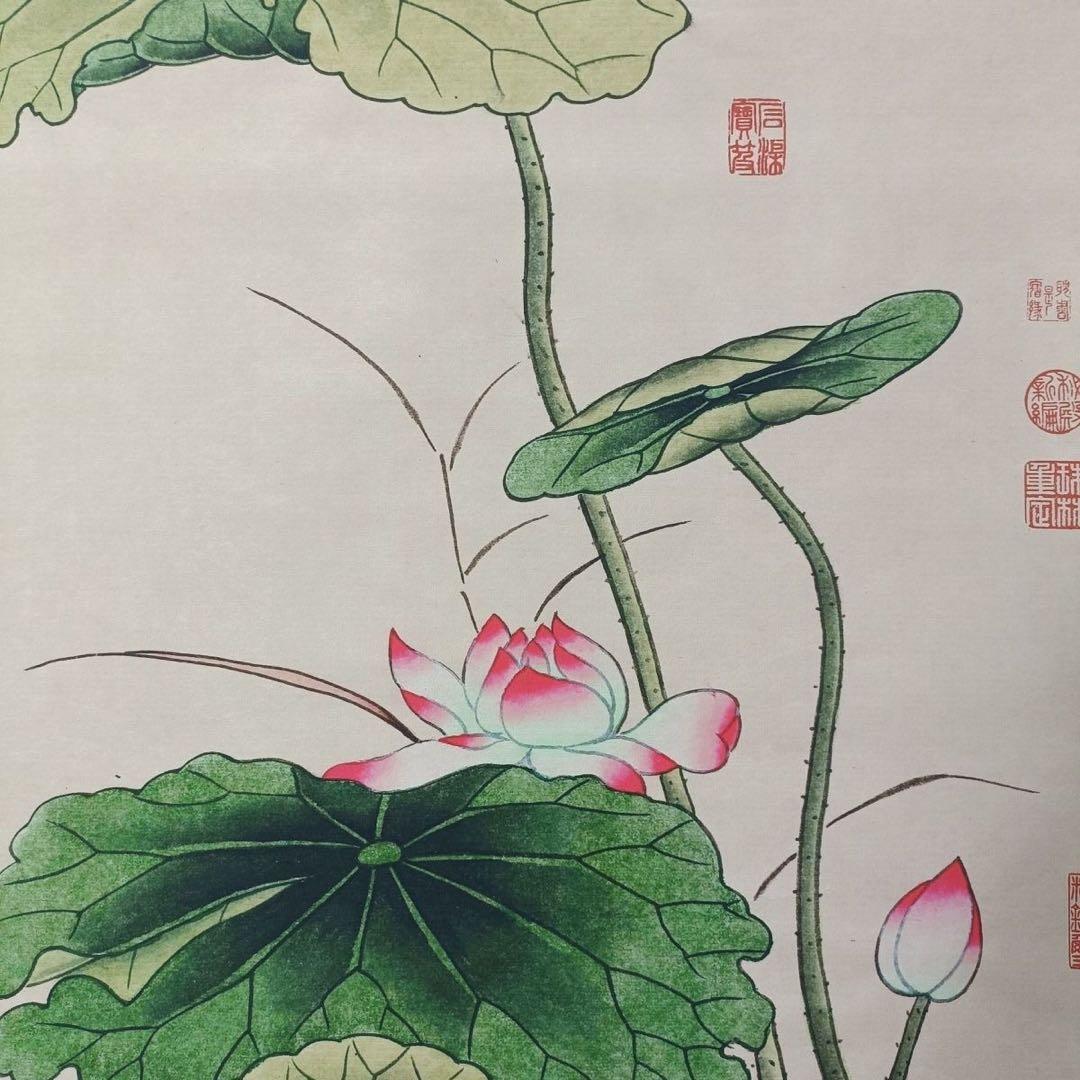 唐寅 荷塘雅趣 掛け軸 中堂 花鳥画 中国画 表装済 サイズ：70×173cm