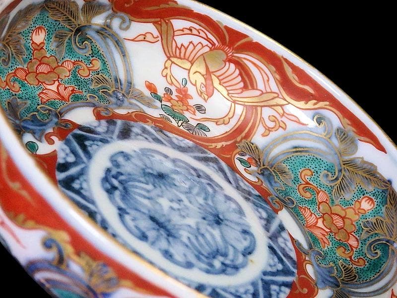 古伊万里　金襴手　窓絵　鳳凰に花の図　４寸皿　E694AS-CZq