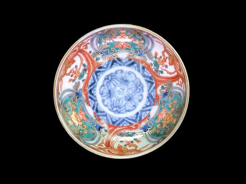 古伊万里　金襴手　窓絵　鳳凰に花の図　４寸皿　E694AS-CZq