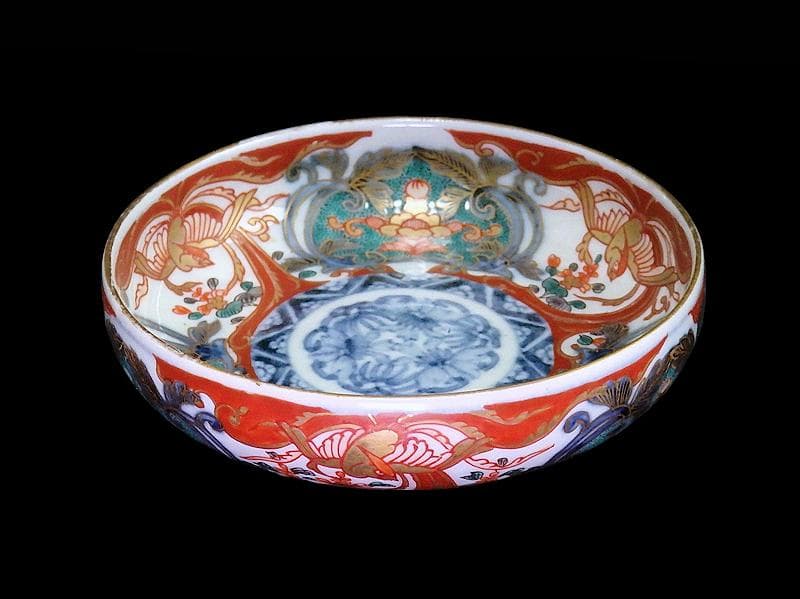 古伊万里　金襴手　窓絵　鳳凰に花の図　４寸皿　E694AS-CZq